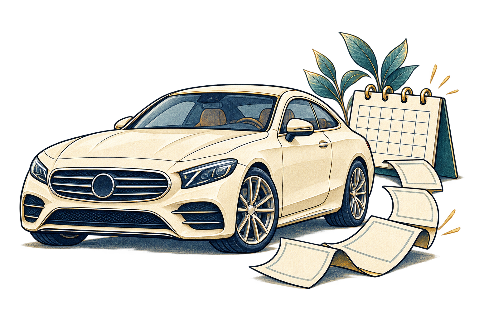 A sleek car beside a calendar and a trail of monthly bills