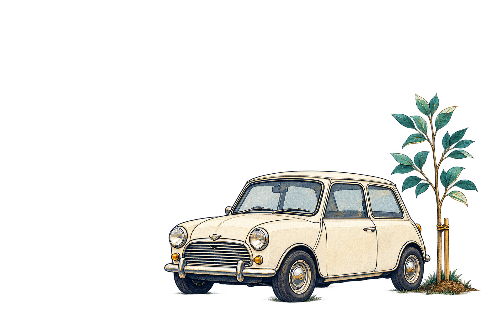 A modest cream car beside a growing teal sapling