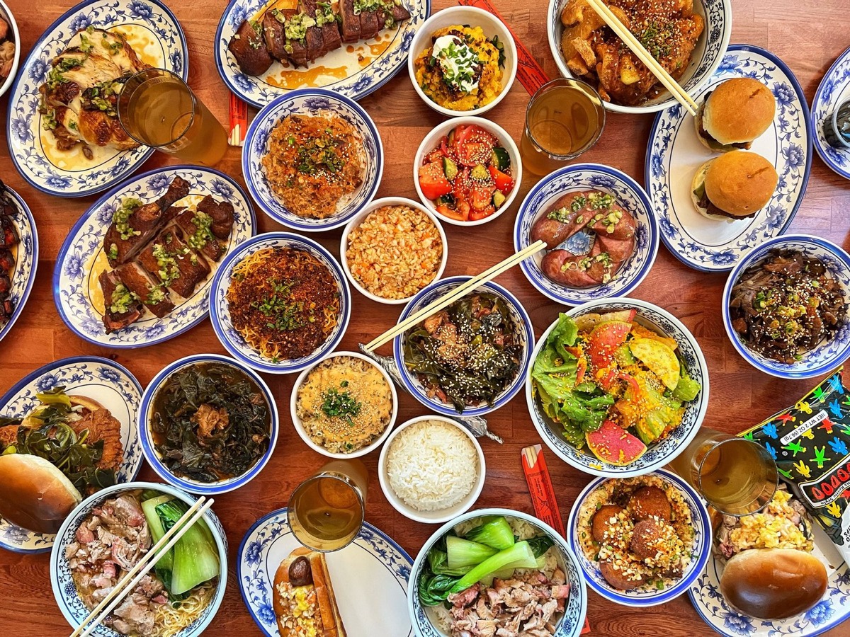 A shared table of King BBQ dishes